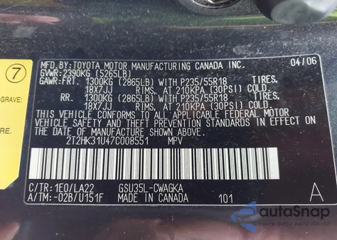2007 Lexus Rx 350 z USA, uszkodzony, nr VIN 2T2HK31U47C008551